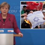 Screenshot der Pressekonferenz vom 11.12.2017; kleines Bild: Moslems verbrennen in Berlin eine Fahne mit einem Davidstern.