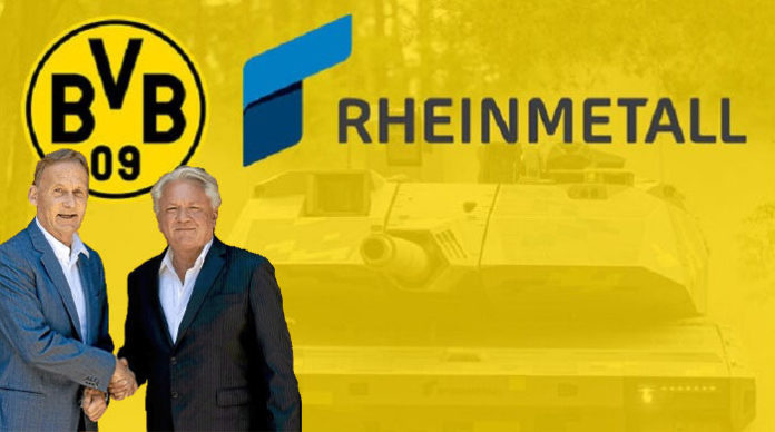 Geschäft mit dem Krieg: BVB-Boss Hans-Joachim Watzke (l.) und Rheinmetall-Chef Armin Papperger.