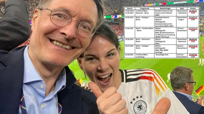 Beste Laune bei Karl Lauterbach und Annalena Baerbock beim Deutschlandspiel gegen Dänemark Ende Juni. Klar doch: Der Steuerzahler musste für deren Eigen-PR mehr als eine halbe Million Euro blechen!