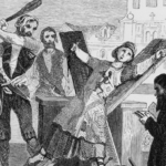 Inquisition im Mittelalter: Ein Angeklagter wird gefoltert, indem er mit hinter dem Rücken zusammengebundenen Armen an einem Seil hängt (Holzstich nach René de Morane).
