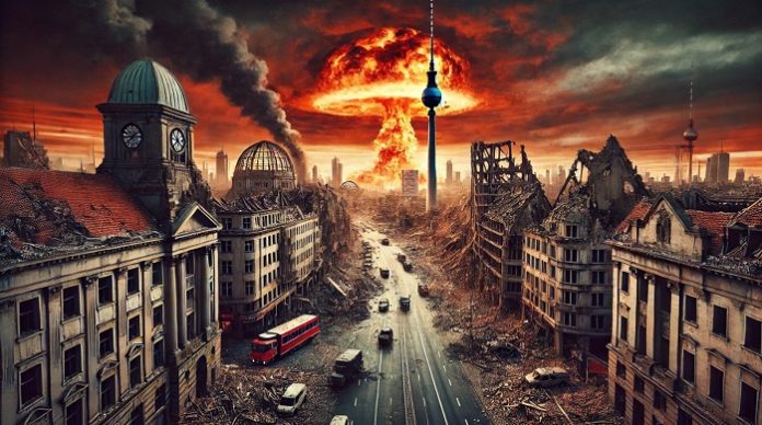 Bislang nur eine Fiktion, aber nicht unrealistisch: Berlin, die einst pulsierende Metropole, ist nach dem Abwurf einer Atombombe nur noch ein brennendes Trümmerfeld.