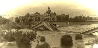 Wie im Krieg: Ein künstlich gealtertes Foto der eingestürzten Carolabrücke in Dresden.