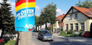 Wahlplakat im AfD-Rekorddorf Hirschfeld in Brandenburg.