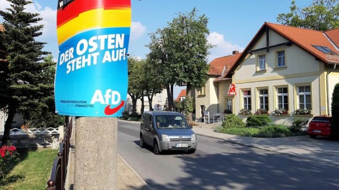 Wahlplakat im AfD-Rekorddorf Hirschfeld in Brandenburg.