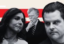 Das verbale Feuerwerk gegen Matt Gaetz (r.) verblasst im Vergleich zu den Angriffen gegen Tulsi Gabbard (l.), die von dem in Verruf geratenen Kriegsfalken John Bolton (Bildmitte) scharf ins Visier genommen wurde.