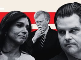 Das verbale Feuerwerk gegen Matt Gaetz (r.) verblasst im Vergleich zu den Angriffen gegen Tulsi Gabbard (l.), die von dem in Verruf geratenen Kriegsfalken John Bolton (Bildmitte) scharf ins Visier genommen wurde.