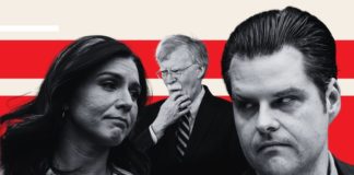 Das verbale Feuerwerk gegen Matt Gaetz (r.) verblasst im Vergleich zu den Angriffen gegen Tulsi Gabbard (l.), die von dem in Verruf geratenen Kriegsfalken John Bolton (Bildmitte) scharf ins Visier genommen wurde.