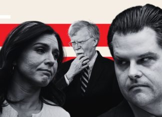 Das verbale Feuerwerk gegen Matt Gaetz (r.) verblasst im Vergleich zu den Angriffen gegen Tulsi Gabbard (l.), die von dem in Verruf geratenen Kriegsfalken John Bolton (Bildmitte) scharf ins Visier genommen wurde.