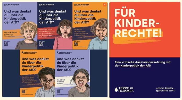 "Terres des Hommes" macht auf ihrer Webseite mit Plakaten, Boschüren und Sharepics gegen die AfD mobil.