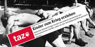 Die taz will mittels des schulischen Sportunterrichts die Kinder endlich kriegstüchtig machen und illustriert das mit einem Foto aus der traditionsreichen Klassenkampfzeit um 1932.