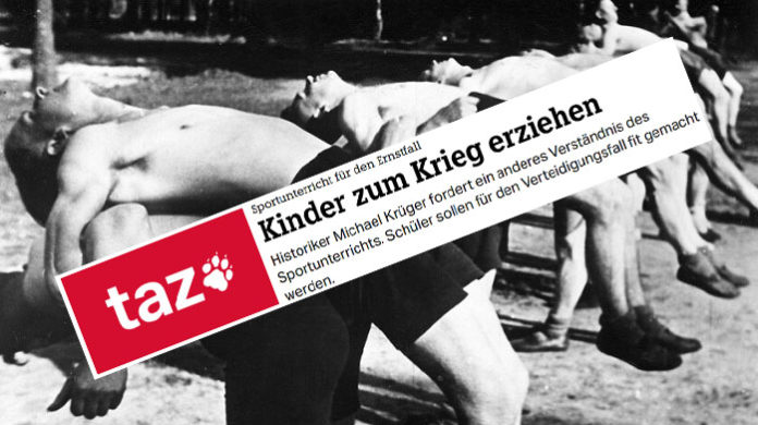 Die taz will mittels des schulischen Sportunterrichts die Kinder endlich kriegstüchtig machen und illustriert das mit einem Foto aus der traditionsreichen Klassenkampfzeit um 1932.