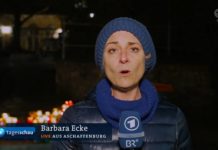 Barbara Ecke in der Tagesschau: "Es ist große Betroffenheit, aber, ähm, im selben Atemzug hat es in der Oberstadt – die ist ungefähr, ja 1, 2 Kilometer von hier, vom Tatort, entfernt, bereits Kundgebungen gegeben, organisiert von der AfD und von der Gegenseite."