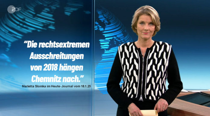 Einmal mehr pflegt Marietta Slomka am Samstag im ZDF-Heute-Journal die Erzählung von den Hetzjagden in Chemnitz.