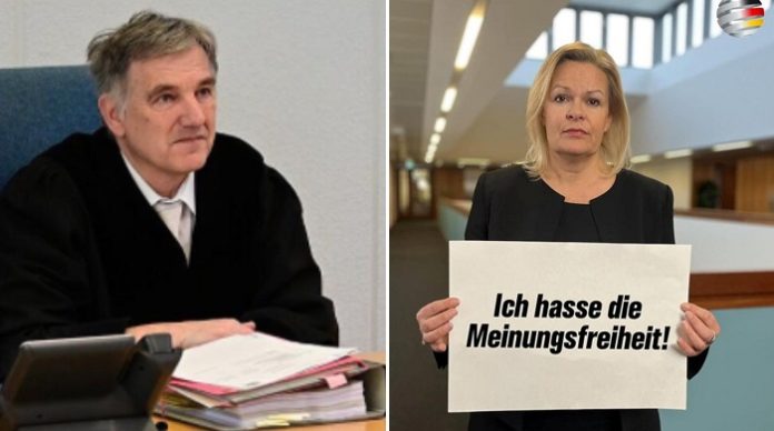 Richter Martin Waschner (l.), der den Deutschlandkurier-Chef David Bendels zu einer siebenmonatigen Bewährungsstrafe wegen eines Nancy-Faeser-Memes (r.) verurteilt hat, fiel 2018 durch ein besonders mildes Urteil gegen Asylbewerber auf.