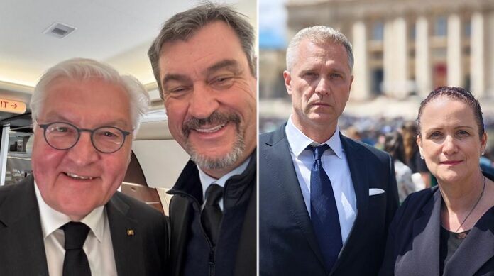 Während sich Steinmeier und Söder mit einem Lächeln ablichten ließen (l.), bewiesen die AfD-Abgeordneten Petr Bystron und Nicole Höchst (r.), die ebenfalls nach Rom gereist waren, Würde und Ernsthaftigkeit.