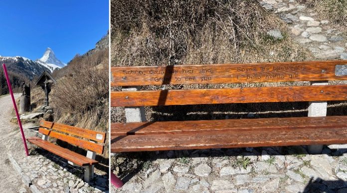 Auf den Wanderwegen im schweizer Bergort Zermatt wird man auf den Bänken in vier Sprachen mit einem herzlichen 