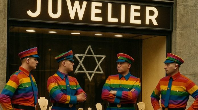 1933 standen Polizisten vor jüdischen Geschäften und ließen SA-Männer gewähren. Heute schaut die Polizei zu, wenn das Weidel-Interview durch linke Lautsprechergruppen sabotiert wird.
