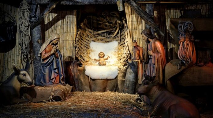 Weihnachtskrippe mit Ochs und Esel.