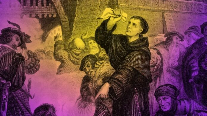 Martin Luther an einem Feuer – in der Hand die Schriften von Johann Tetzel. Die beiden Theologen stritten so erbittert, dass ihre Werke gegenseitig öffentlich verbrannt wurden (Zeichnung aus 1518).