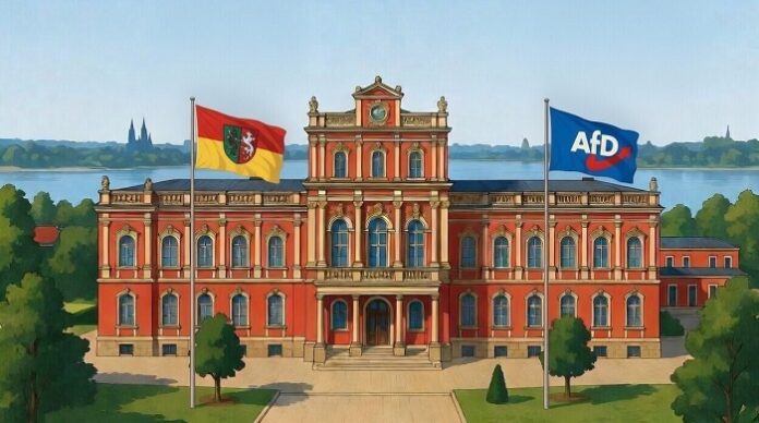 So malen sich das wohl die Panikmelder der Altparteien aus: Der Sitz des Ministerpräsidenten von Sachsen-Anhalt nach der Wahl im September dann unter AfD-Flagge?